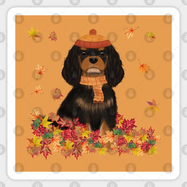 Black and Tan Cavalier in Fall Leave, Cavalier King Charles Spaniel Sticker by Cavalier Gifts